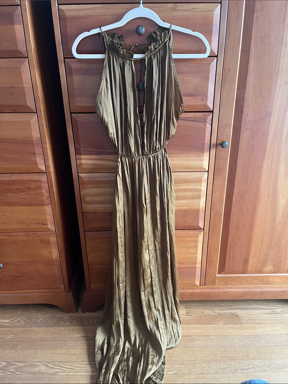 Zara Wrinkle Look Satin Cut Out bronze colored  Pleated Maxi Dress size XS
